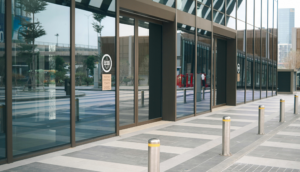 Modern commercial building entrance with large glass doors, prominent signage, and bollards, reflecting the context of commercial property insurance claims.